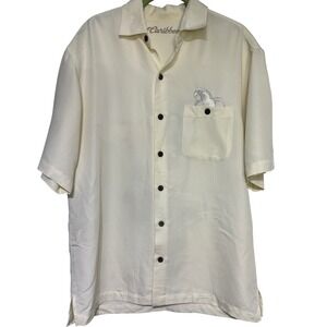 Caribbean Joe‎ Mens Cream Parrot Tropical Button Up Shirt Size M Embroider